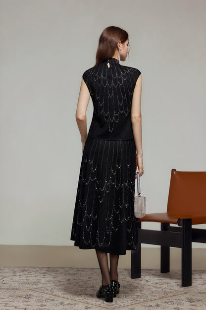 Black Rhinestone Wool Knit A-Line Skirt