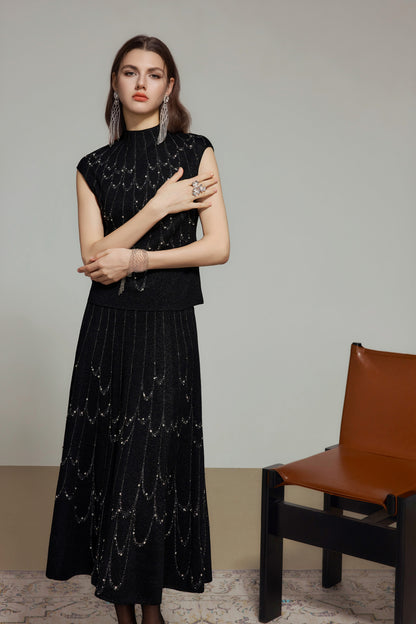 Black Rhinestone Wool Knit A-Line Skirt