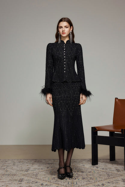 Black Crystal Embellished Fishtail Knit Skirt