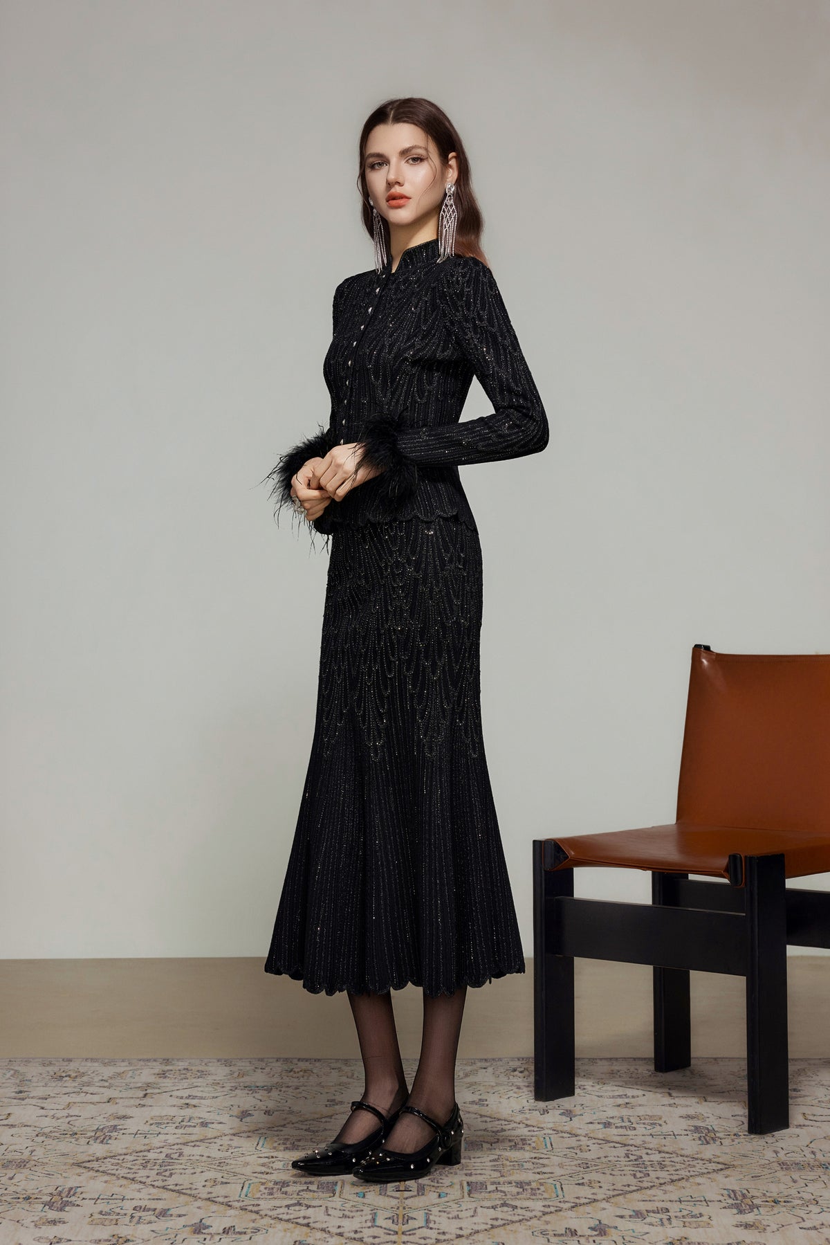 Black Crystal Embellished Fishtail Knit Skirt