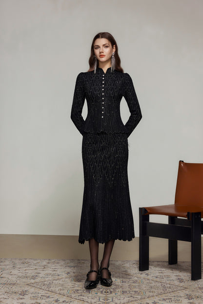 Black Crystal Embellished Fishtail Knit Skirt