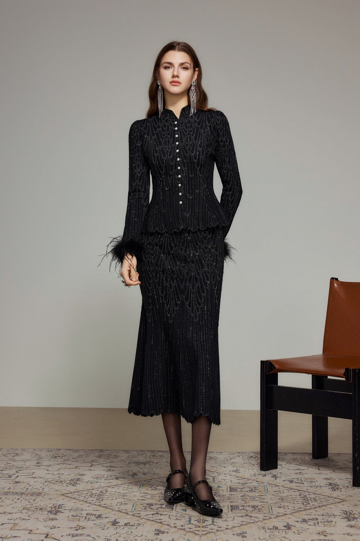 Black Crystal Embellished Fishtail Knit Skirt