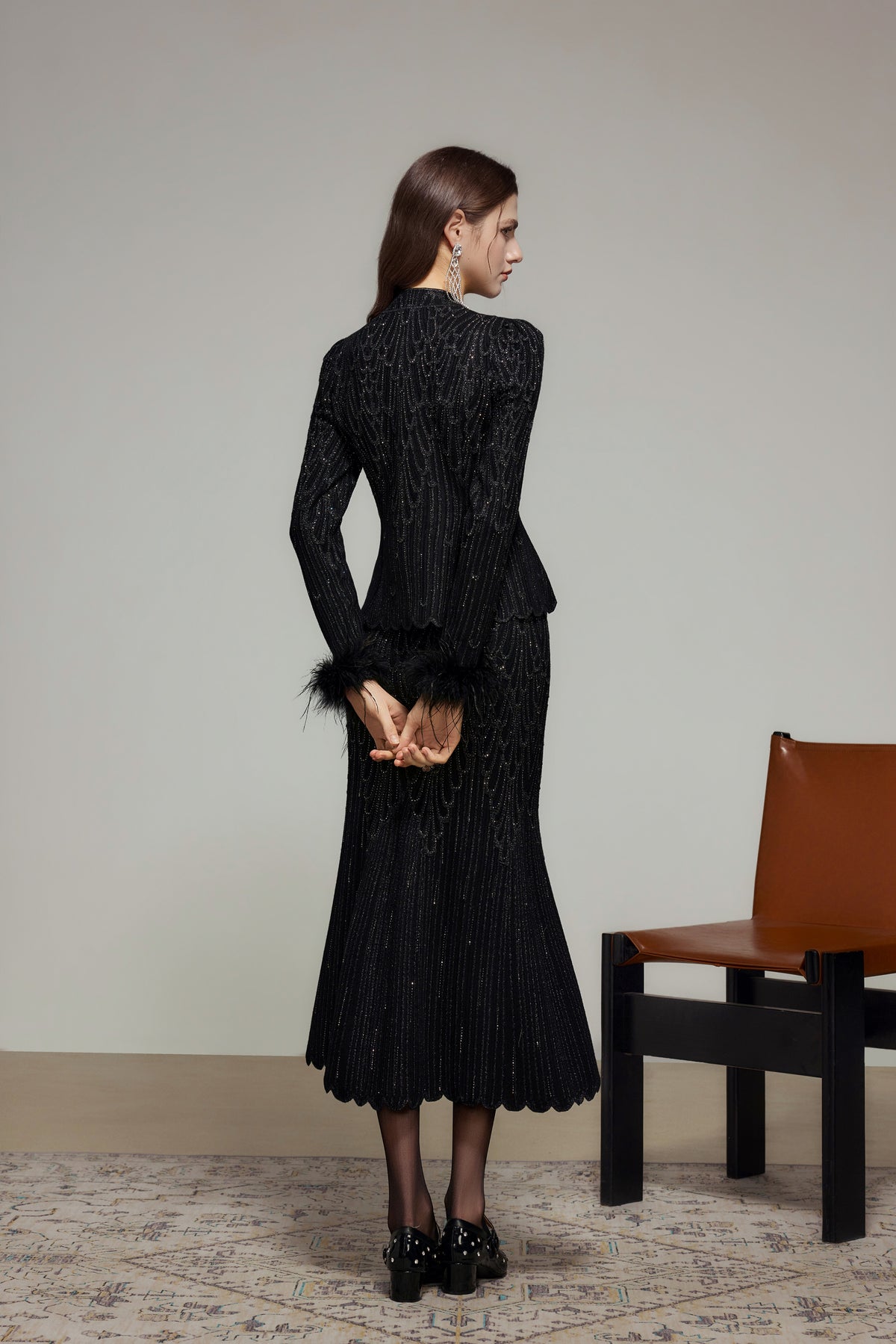 Black Crystal Embellished Fishtail Knit Skirt