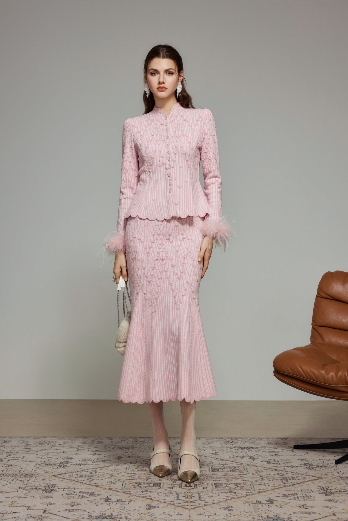 Pink Rhinestone Wool Knit Cardigan