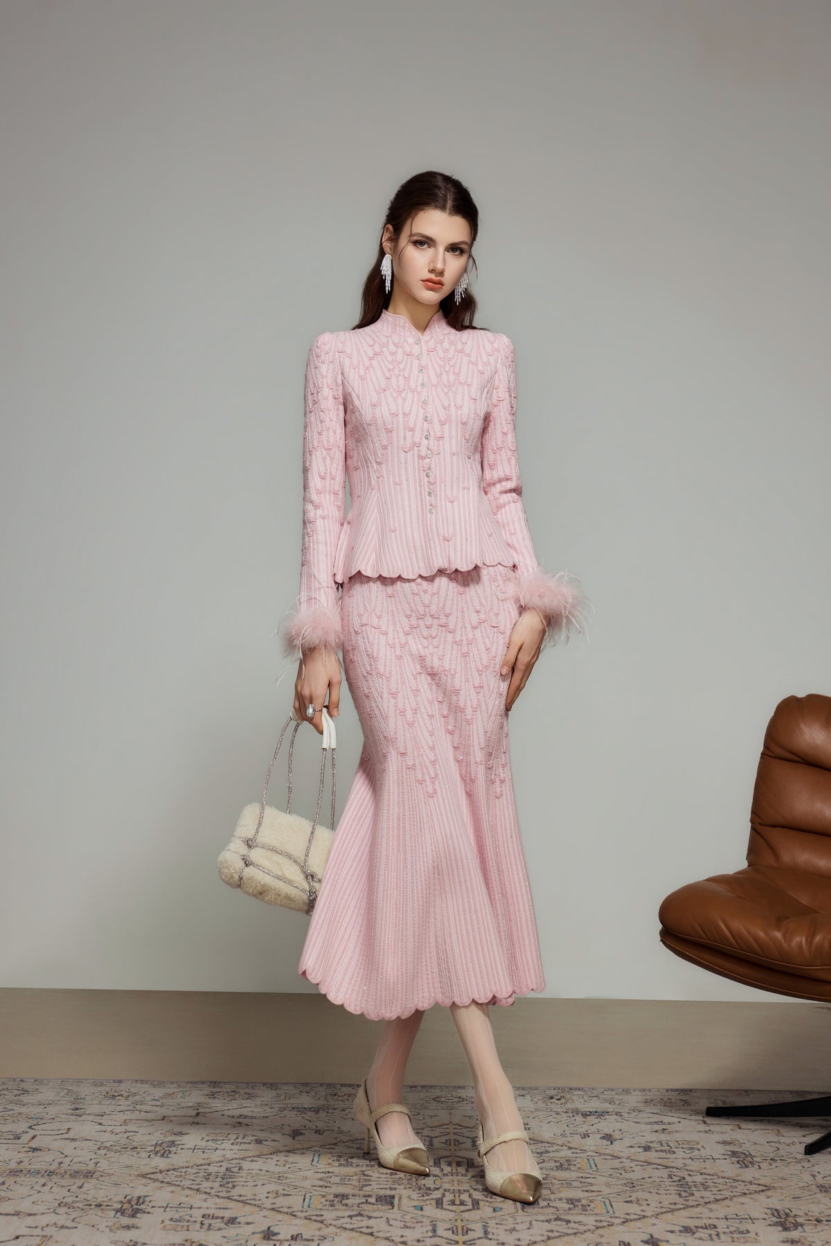 Pink Rhinestone Wool Knit Cardigan