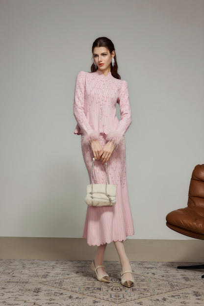 Pink Rhinestone Wool Knit Cardigan