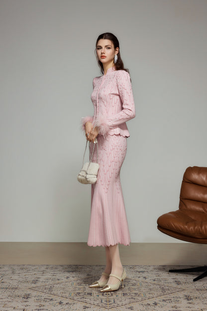 Pink Rhinestone Wool Knit Cardigan