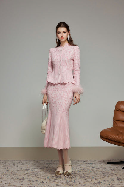 Pink Rhinestone Wool Knit Cardigan