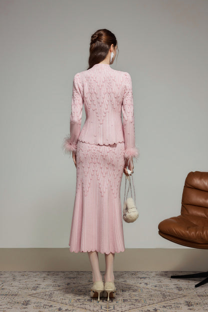 Pink Rhinestone Wool Knit Cardigan