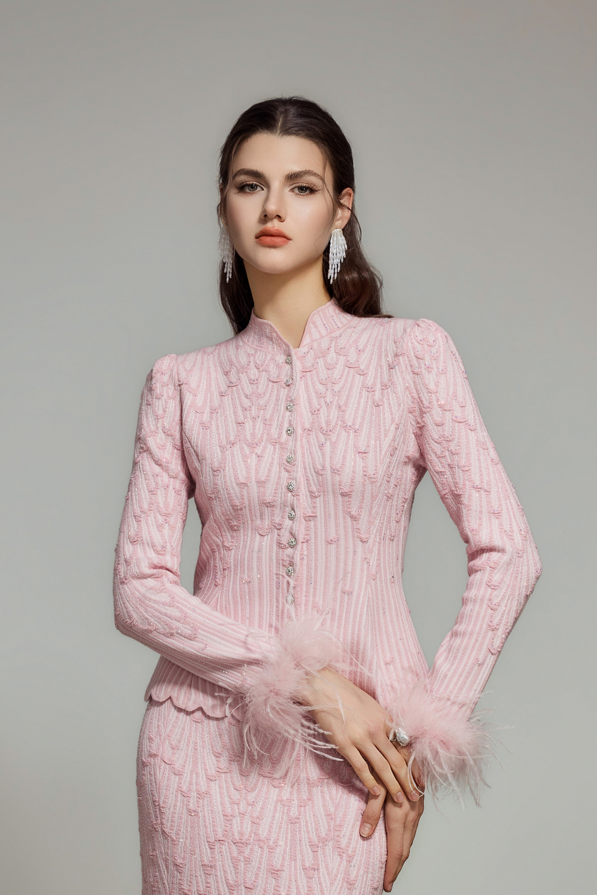 Pink Rhinestone Wool Knit Cardigan