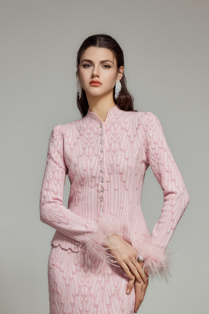Pink Rhinestone Wool Knit Cardigan