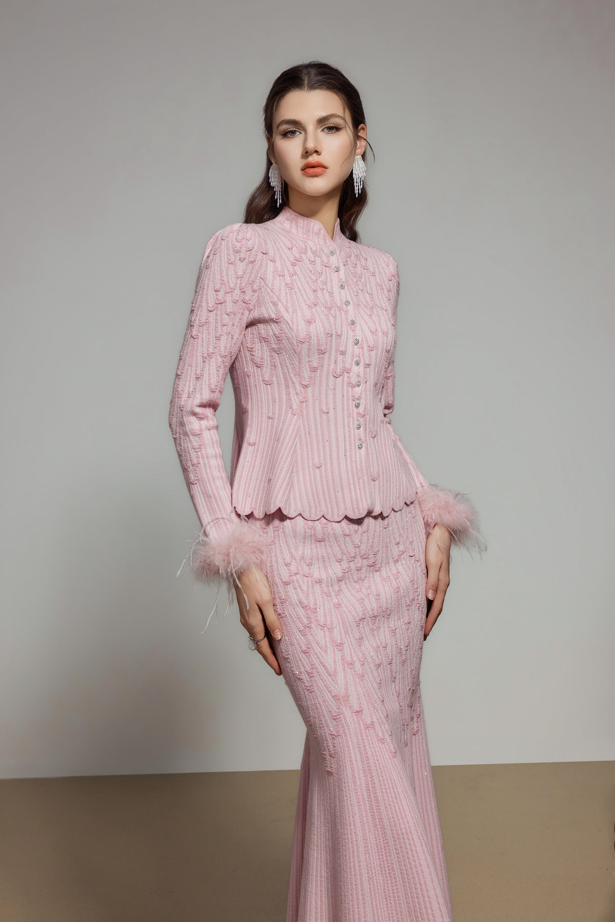Pink Rhinestone Wool Knit Cardigan