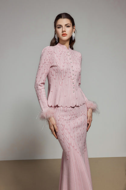 Pink Rhinestone Wool Knit Cardigan