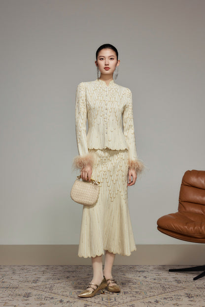 Cream Rhinestone Wool Knit Cardigan