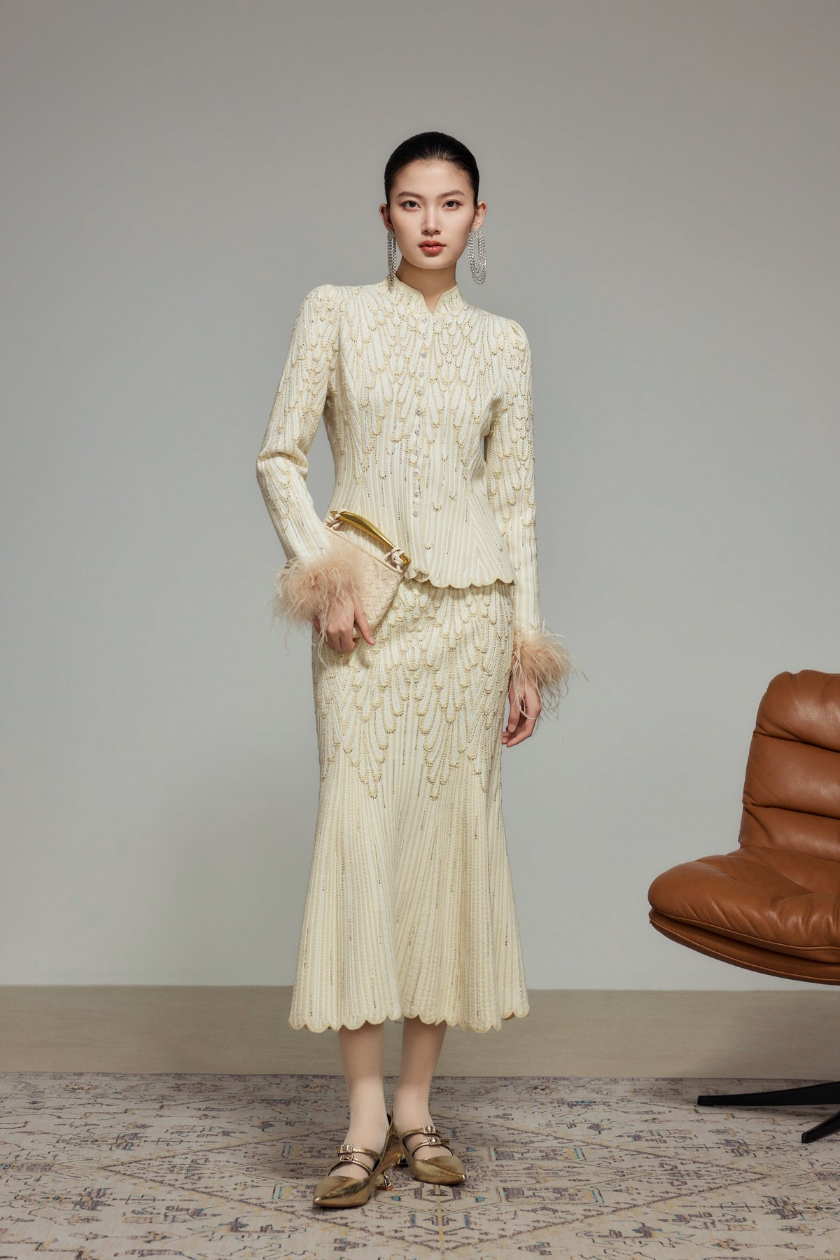 Cream Rhinestone Wool Knit Cardigan