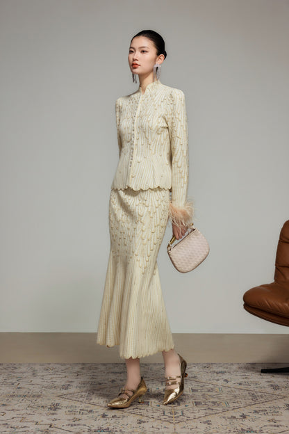 Cream Rhinestone Wool Knit Cardigan