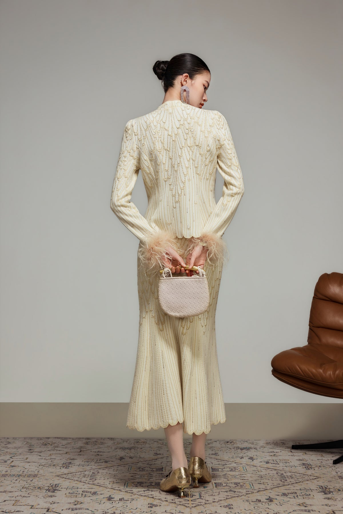 Cream Rhinestone Wool Knit Cardigan