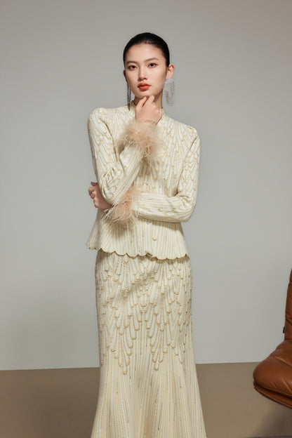 Cream Rhinestone Wool Knit Cardigan
