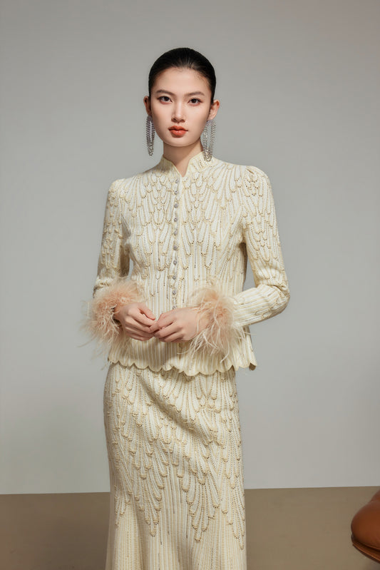 Cream Rhinestone Wool Knit Cardigan