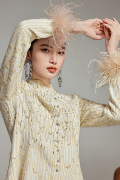 Cream Rhinestone Wool Knit Cardigan