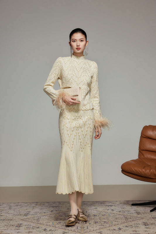 Golden Beige Rhinestone Wool Knit Mermaid Skirt