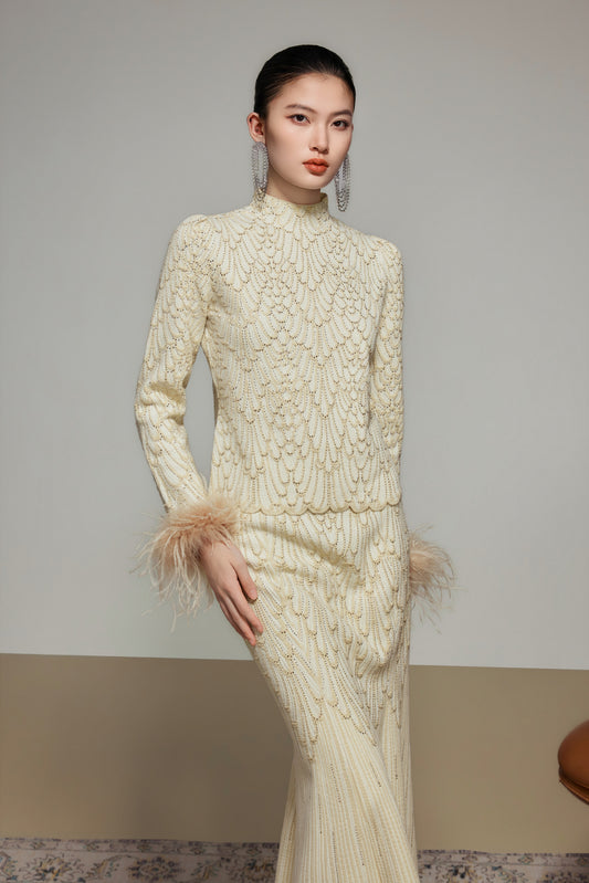 Golden Beige Rhinestone Wool Knit Top