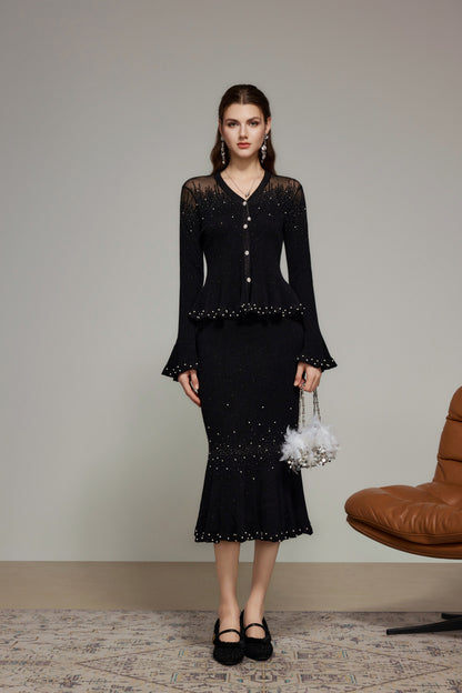 Black Rhinestone Knit Cardigan