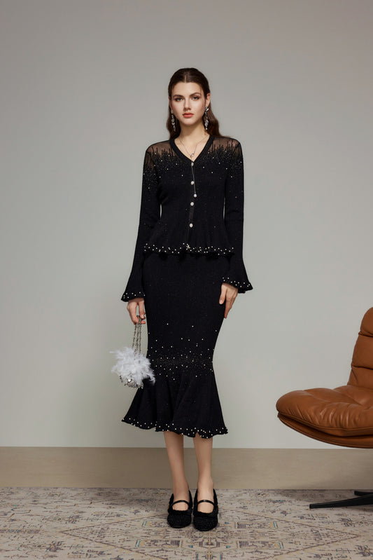Black Rhinestone Knit Mermaid Skirt