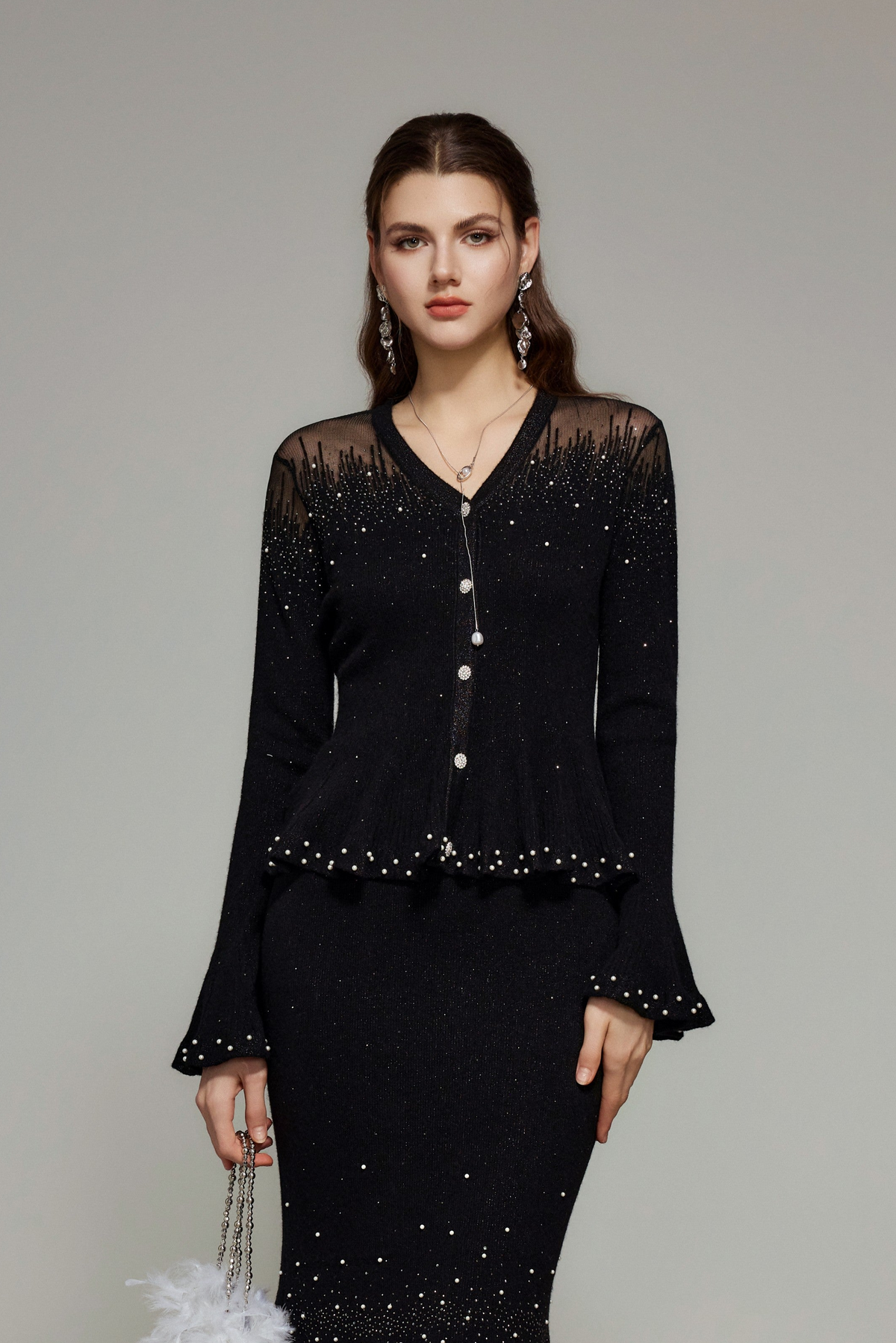 Black Rhinestone Knit Cardigan