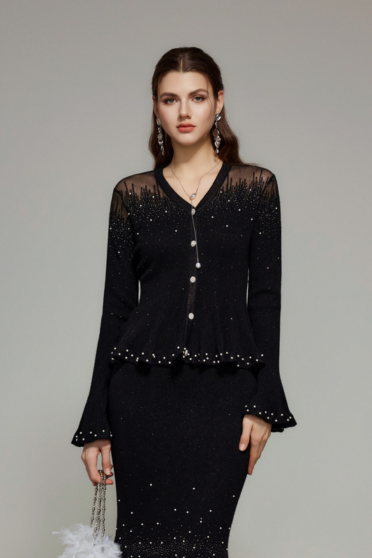 Black Rhinestone Knit Cardigan