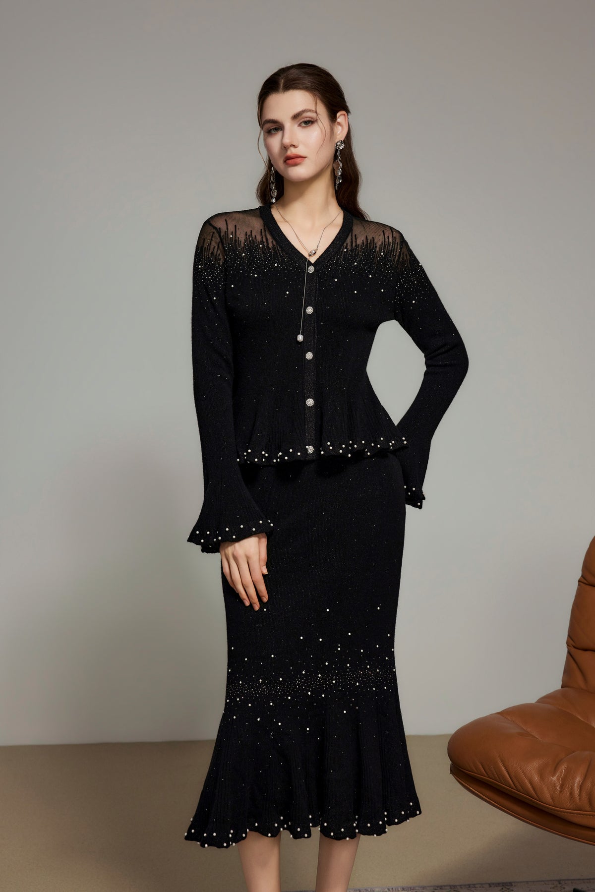 Black Rhinestone Knit Cardigan