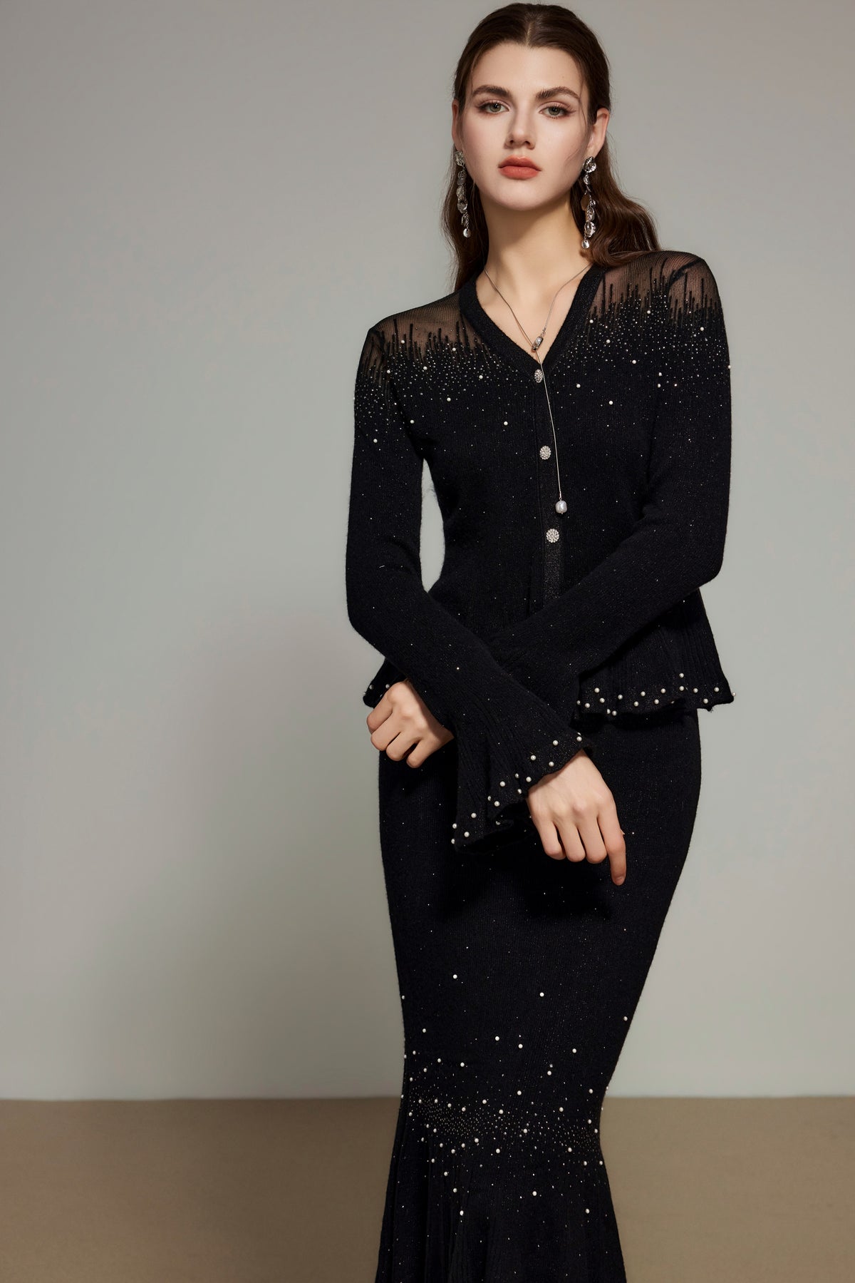 Black Rhinestone Knit Cardigan
