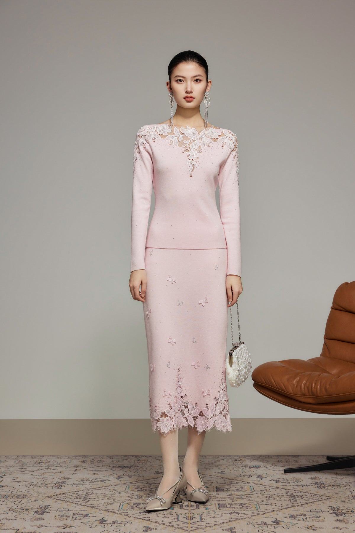 Pink Rhinestone Lace Wool Knit Top