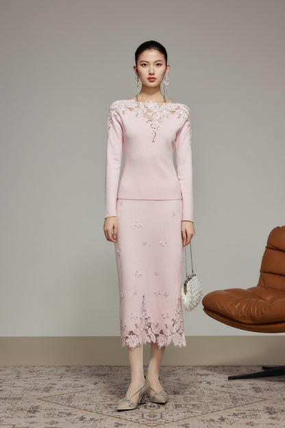 Pink Rhinestone Lace Wool Knit Top