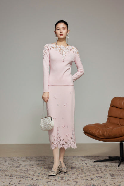 Pink Rhinestone Lace Wool Knit Top