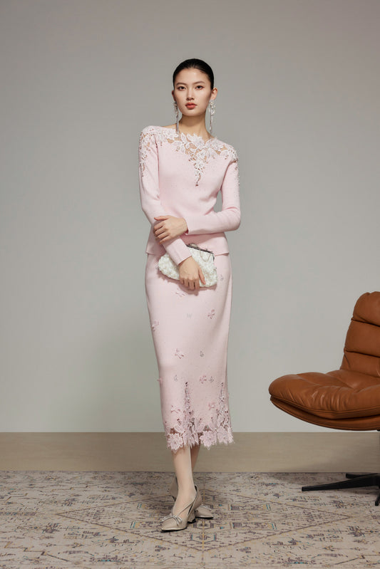 Pink Rhinestone Lace Wool Knit Skirt