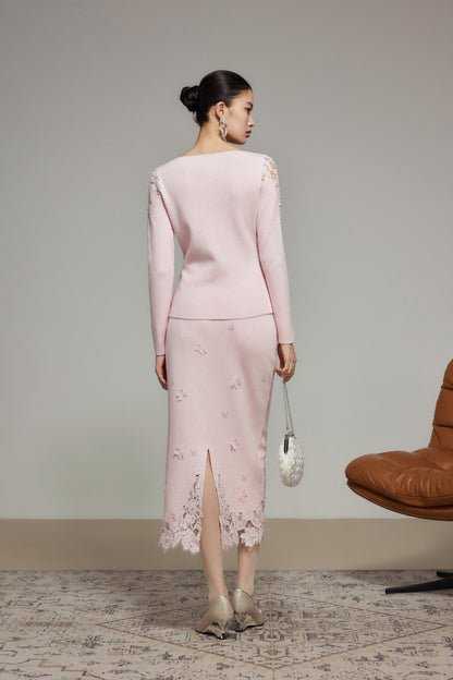 Pink Rhinestone Lace Wool Knit Top