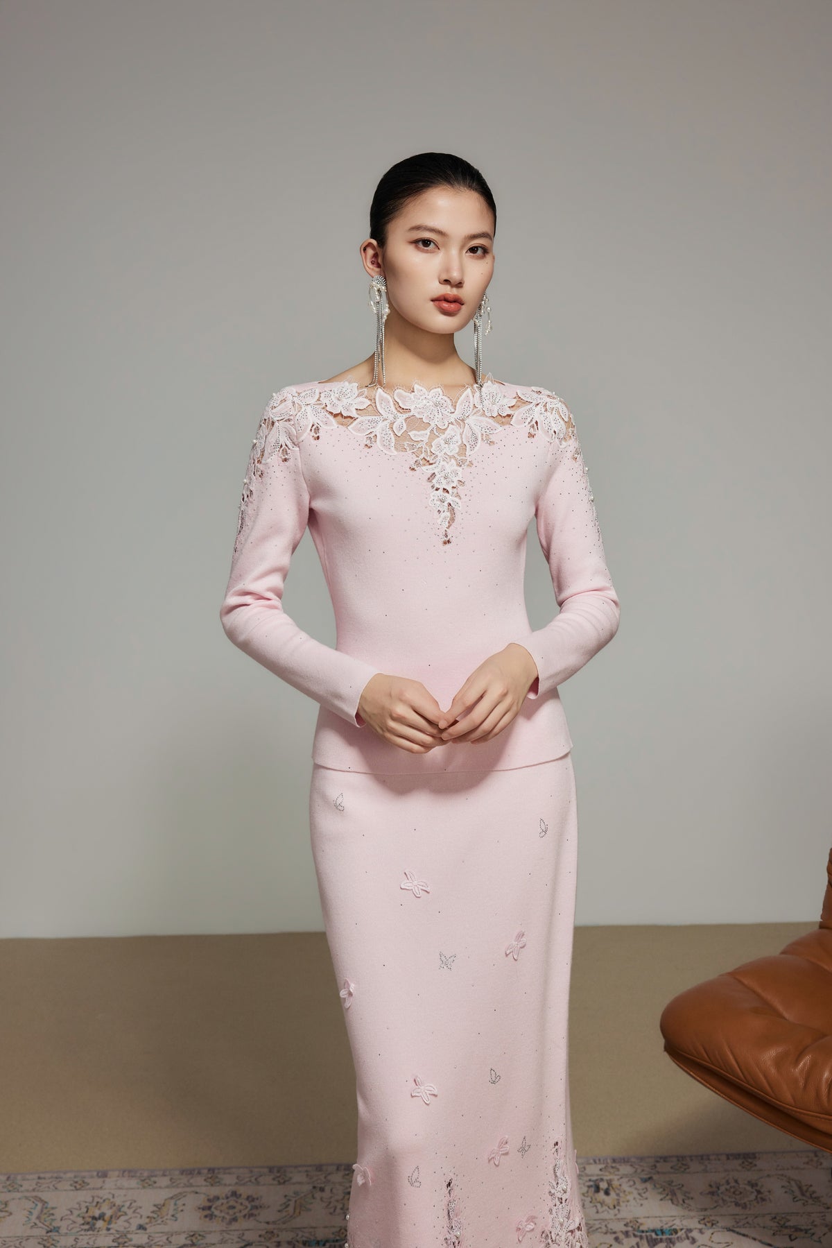Pink Rhinestone Lace Wool Knit Top
