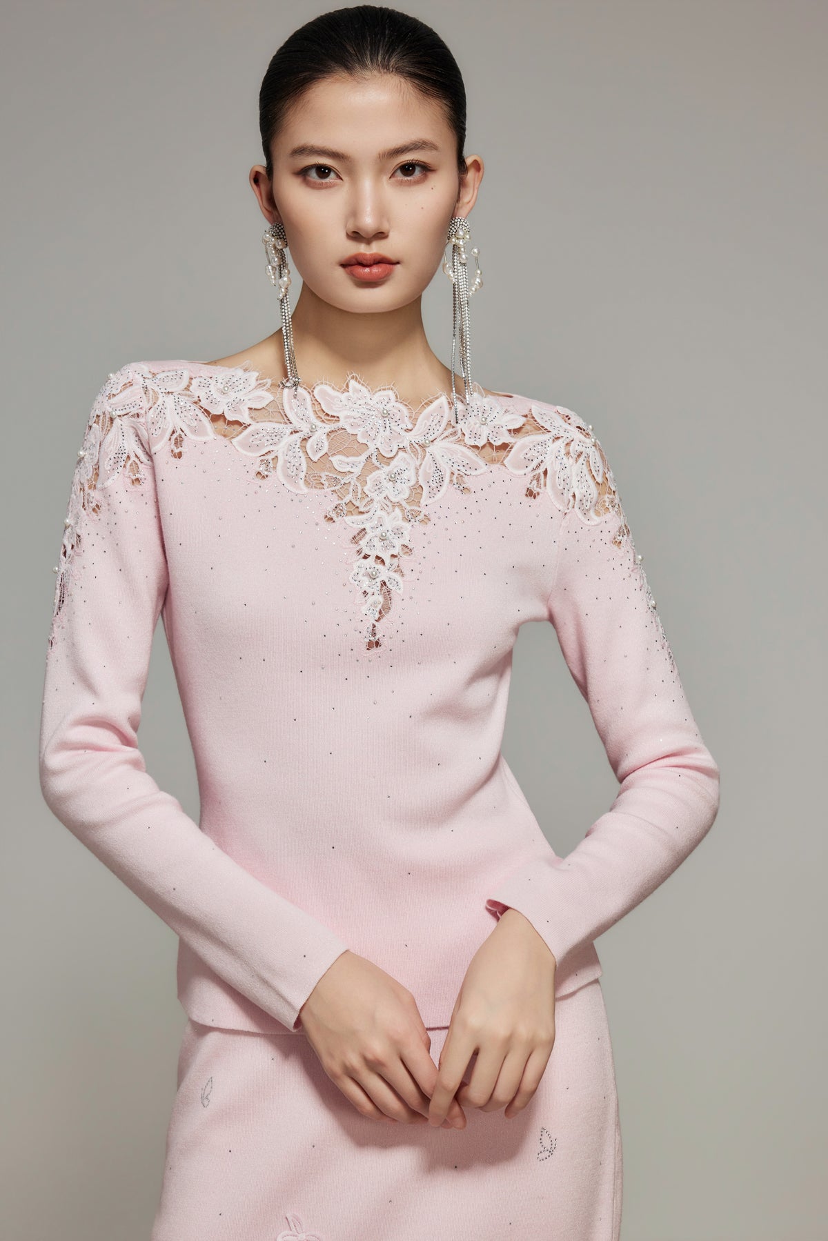 Pink Rhinestone Lace Wool Knit Top
