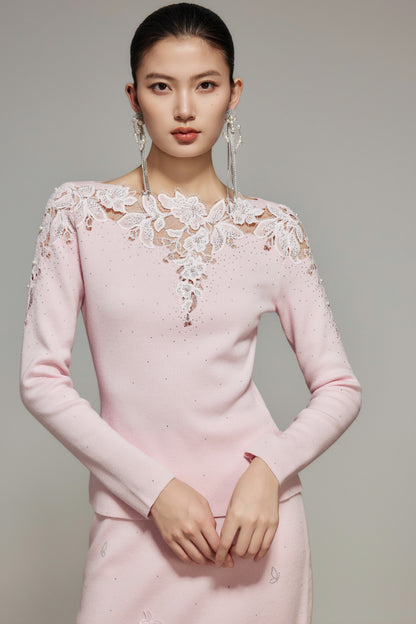 Pink Rhinestone Lace Wool Knit Top