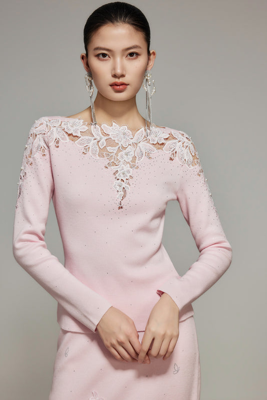 Pink Rhinestone Lace Wool Knit Top