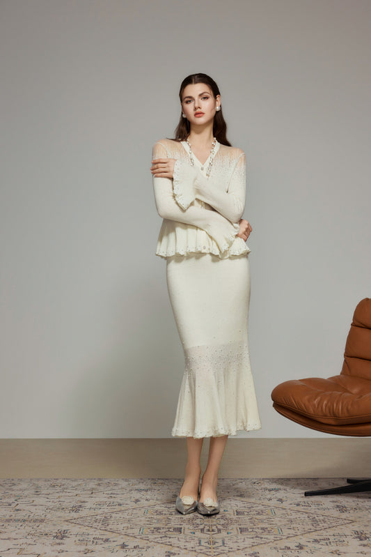 White Rhinestone Wool Knit Mermaid Skirt