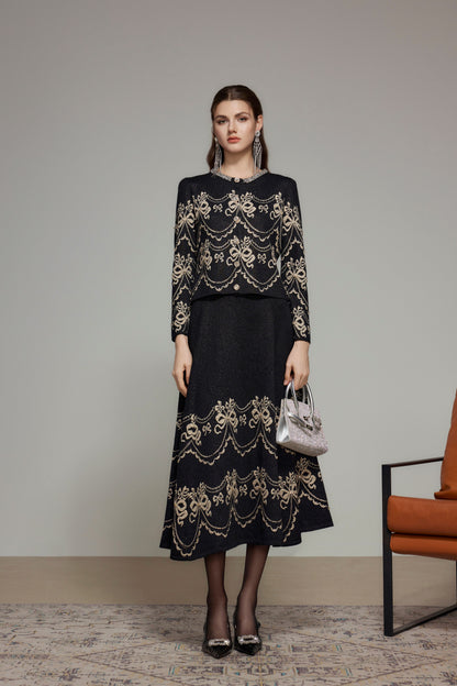 Black Bow Embroidered Cashmere Knit Skirt