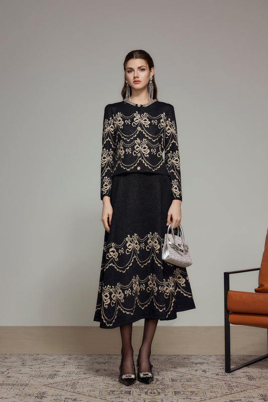 Black Bow Embroidered Cashmere Knit Skirt