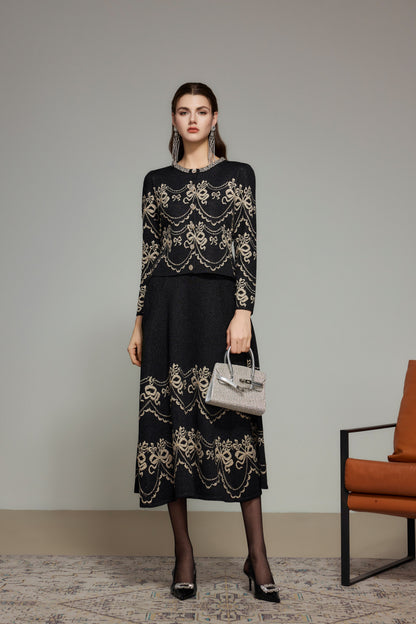 Black Bow Embroidered Cashmere Knit Skirt