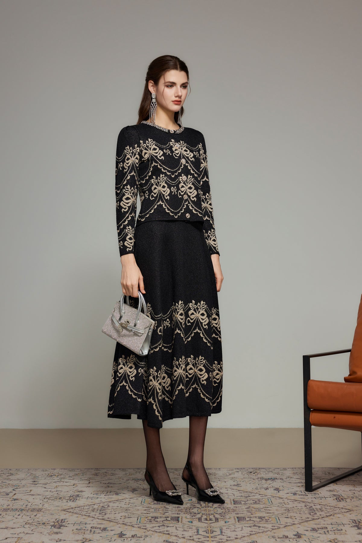 Black Bow Embroidered Cashmere Knit Skirt