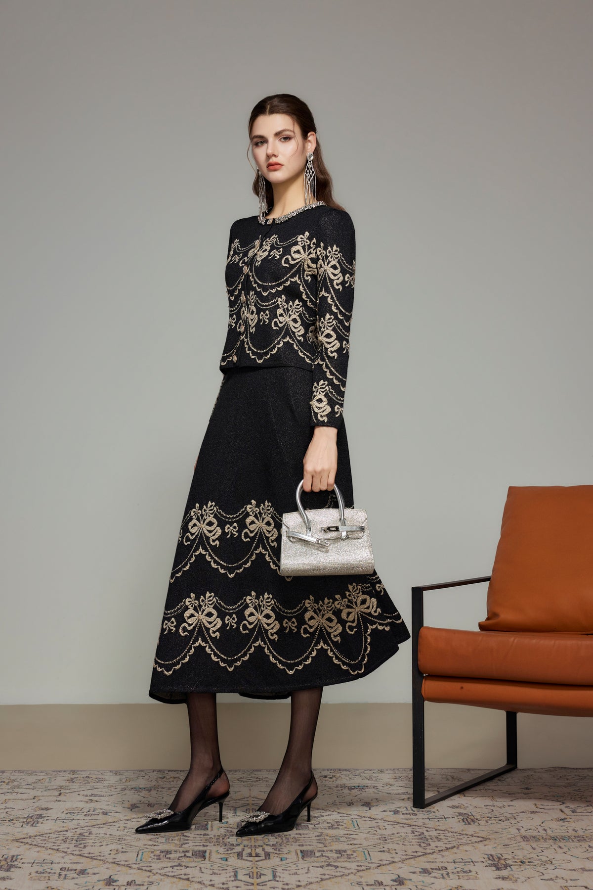 Black Bow Embroidered Cashmere Knit Skirt
