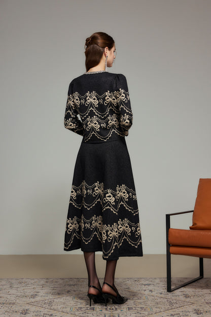 Black Bow Embroidered Cashmere Knit Skirt