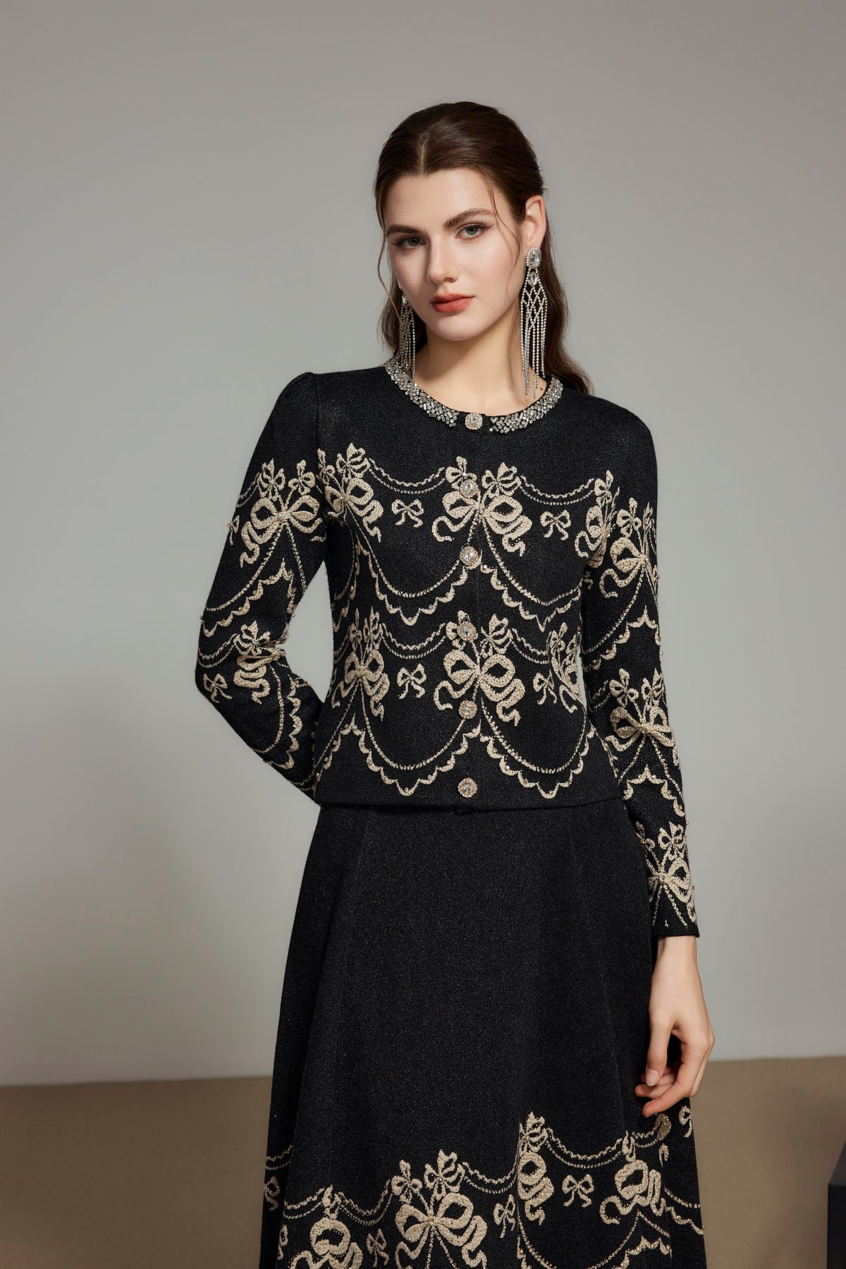 Black Rhinestone Cashmere Knit Cardigan