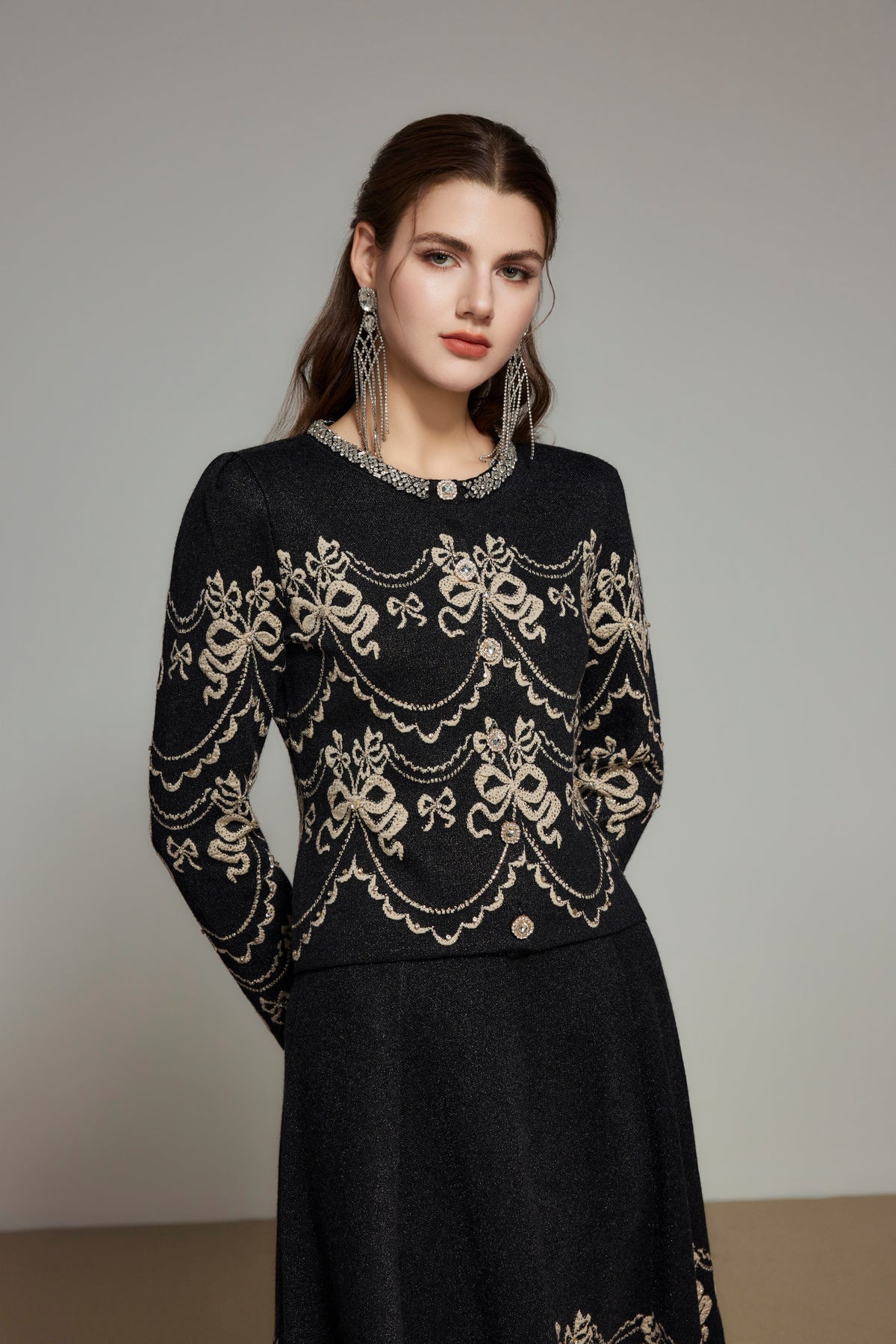 Black Rhinestone Cashmere Knit Cardigan